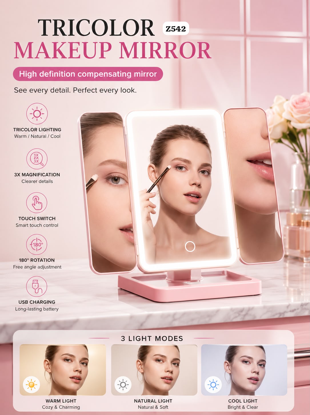 Tricolor Rechargeable Makeup Mirror