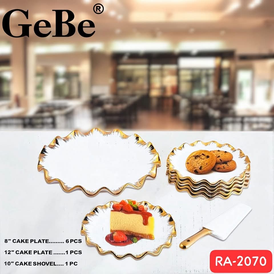 8 Pcs White & Gold Porcelain Cake Plate set