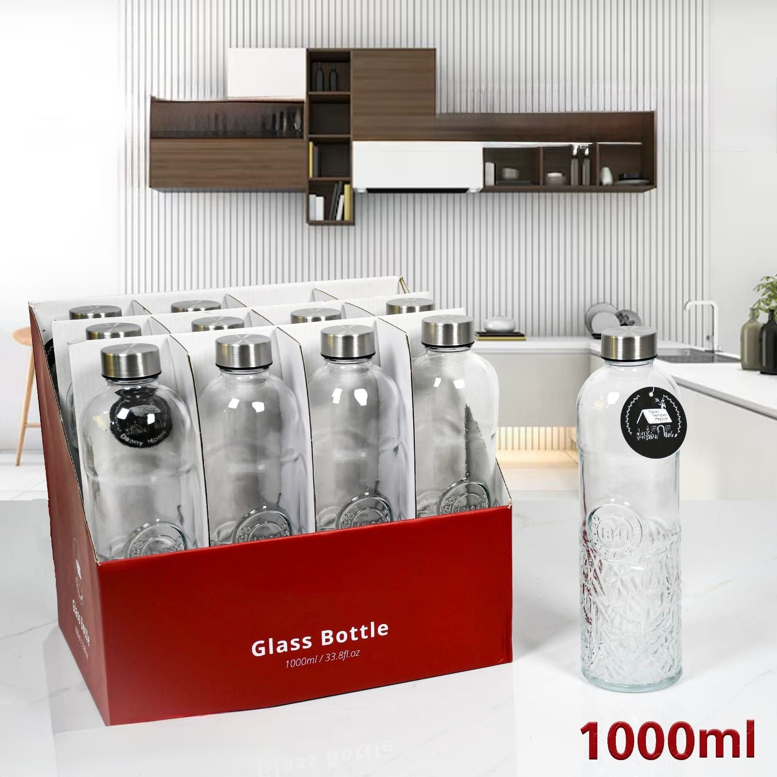 1000 ml Glass Water Bottle With Stainless Steel Lid