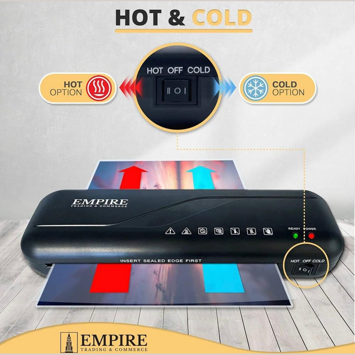 EMPIRE TRADING & COMMERCE Laminator, Laminating Machine with 5 Laminating Pouches, Hot and Cold Laminating Machine, A4 Thermal Laminator for Home, School and Office Use