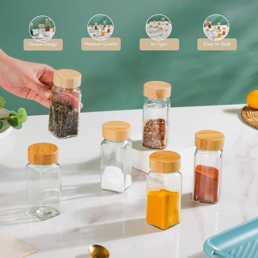 24 Pcs Transparent Seasoning Glass Jars With Bamboo Lid