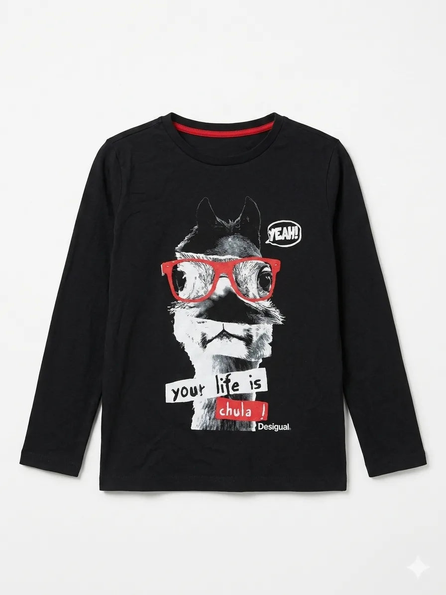 Desigual Boy's Black llama Graphic Print Long Sleeve Blouse | Desigual In Lebanon