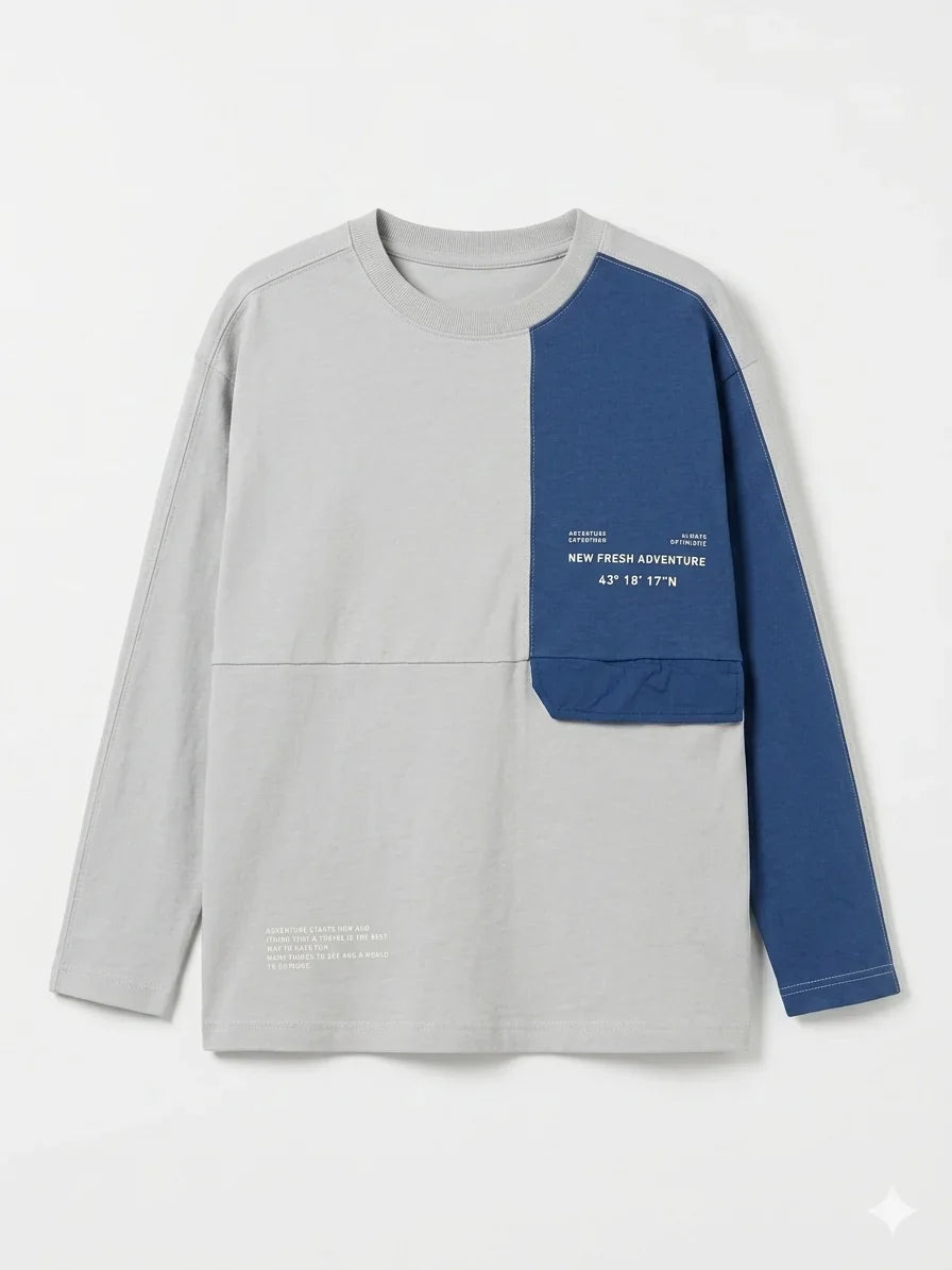 Zara Boy's Grey/Blue Color-Block "New Fresh Adventure" Long Sleeve Blouse | Zara In Lebanon