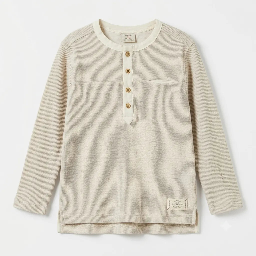 Zara Boy's Beige Ribbed Long Sleeve Blouse With Chest Pocket | Zara In Lebanon