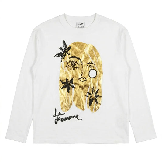 Zara Girl's White "La Femme" Graphic Long Sleeve Blouse | Zara In Lebanon
