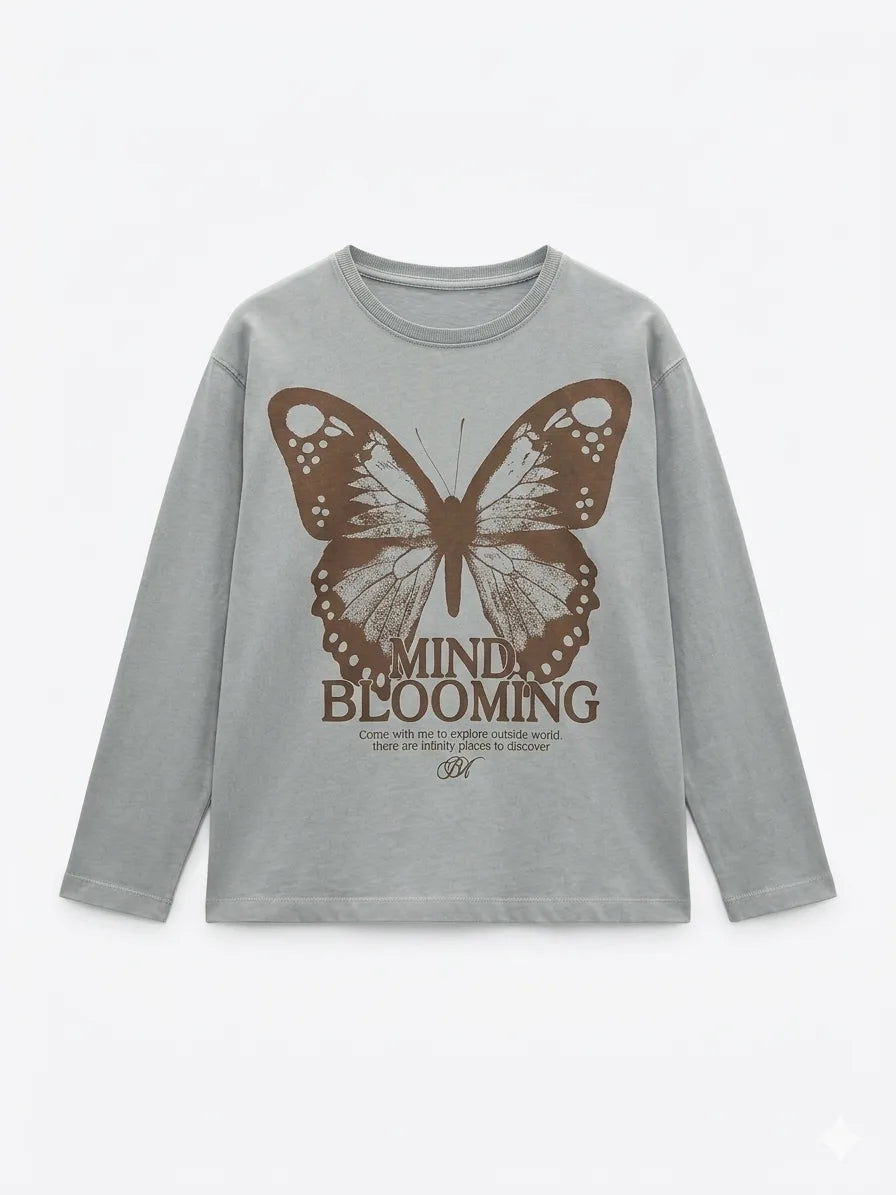 Zara Girl's Grey "Mind Blooming" Graphic Long Sleeve Blouse | Zara In Lebanon