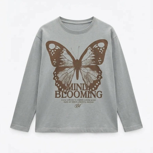 Zara Girl's Grey "Mind Blooming" Graphic Long Sleeve Blouse | Zara In Lebanon