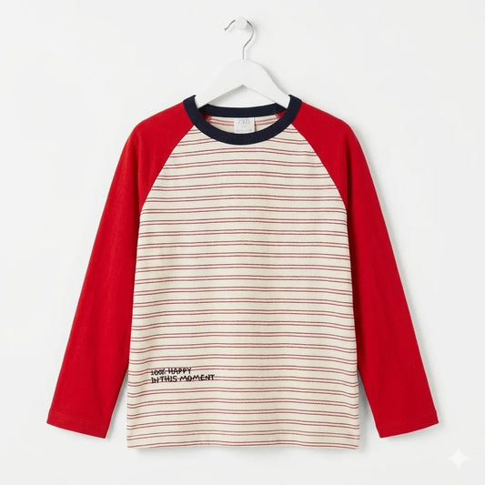 Zara Boy's Red/Beige Striped "100% Happy In This Moment" Long Sleeve Blouse | Zara In Lebanon