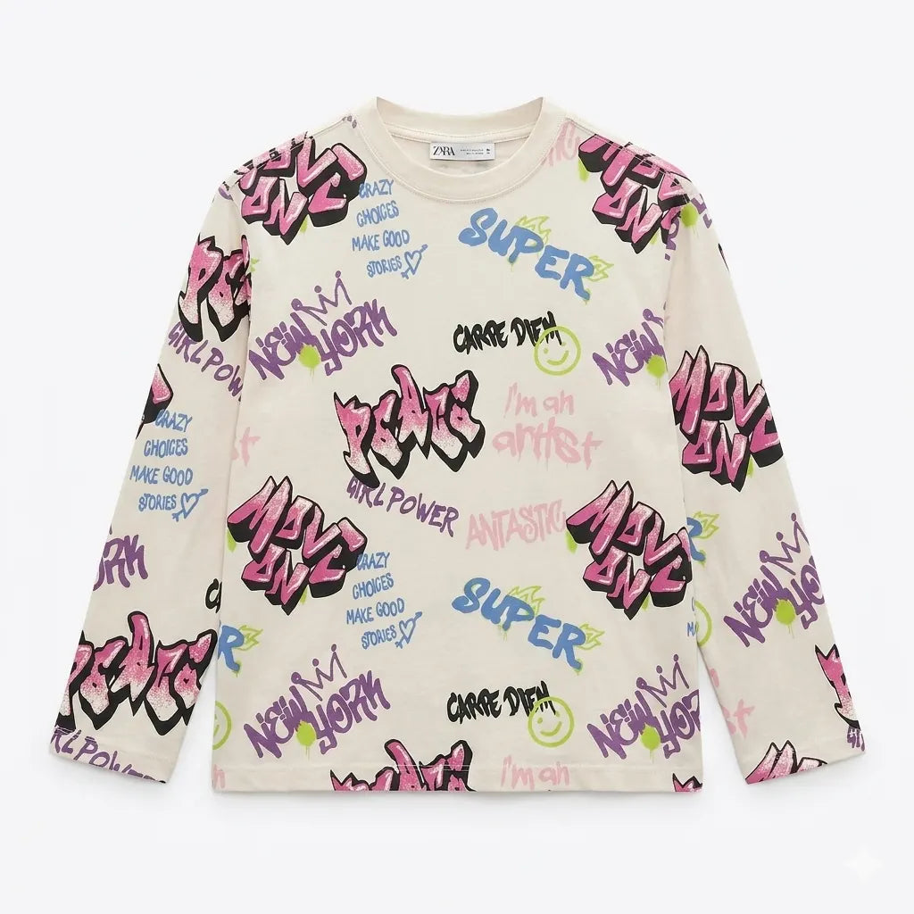 Zara Girl's Multicolor All-Over Street Art Print Long Sleeve Blouse | Zara In Lebanon