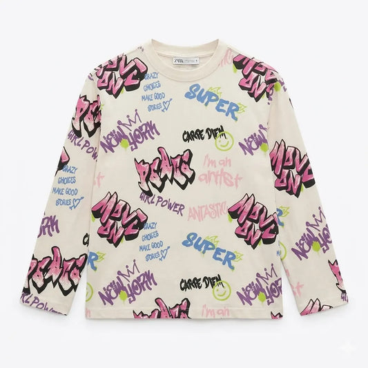 Zara Girl's Multicolor All-Over Street Art Print Long Sleeve Blouse | Zara In Lebanon