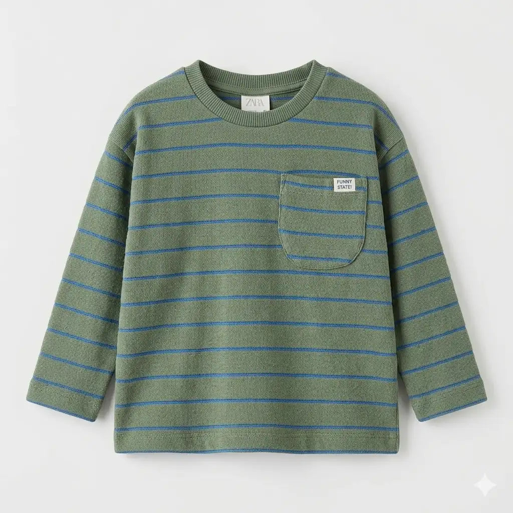 Zara Boy's Olive Green/Blue Striped Long Sleeve Blouse With Chest Pocket | Zara In Lebanon