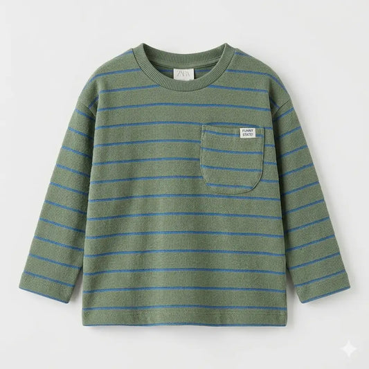 Zara Boy's Olive Green/Blue Striped Long Sleeve Blouse With Chest Pocket | Zara In Lebanon