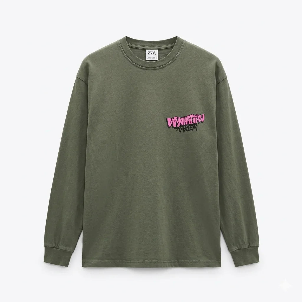Zara Boy's Khaki Green "Manhattan" Graffiti-Style Graphic Long Sleeve Blouse | Zara In Lebanon
