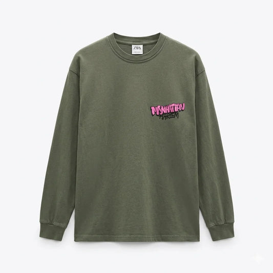 Zara Boy's Khaki Green "Manhattan" Graffiti-Style Graphic Long Sleeve Blouse | Zara In Lebanon