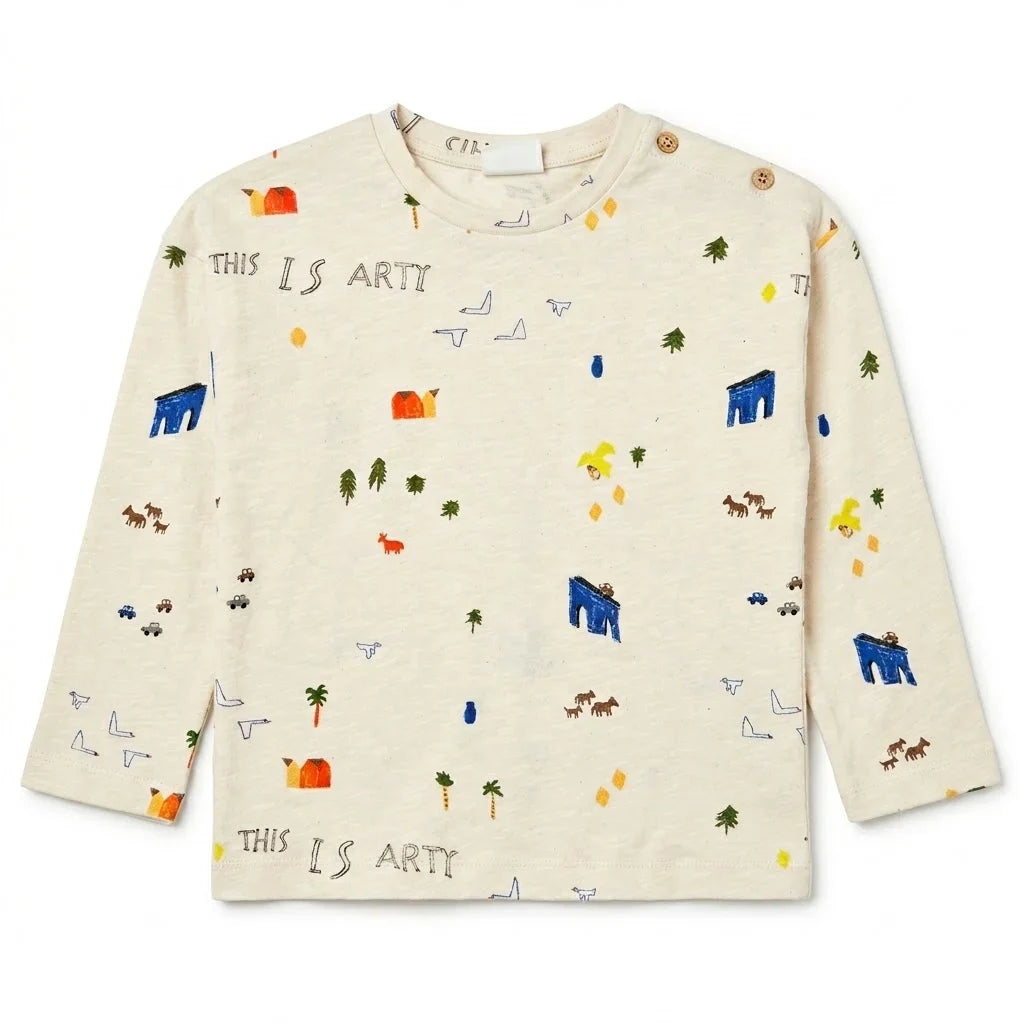 Zara Boy's Beige "This Is Art" All Over Print Long Sleeve Blouse | Zara In Lebanon