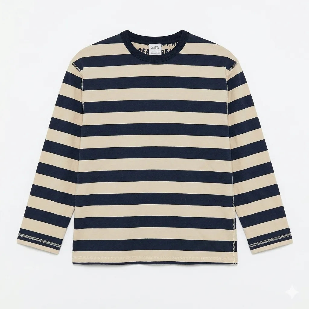 Zara Boy's Navy/Beige Striped Crew Neck Long Sleeve Blouse | Zara In Lebanon