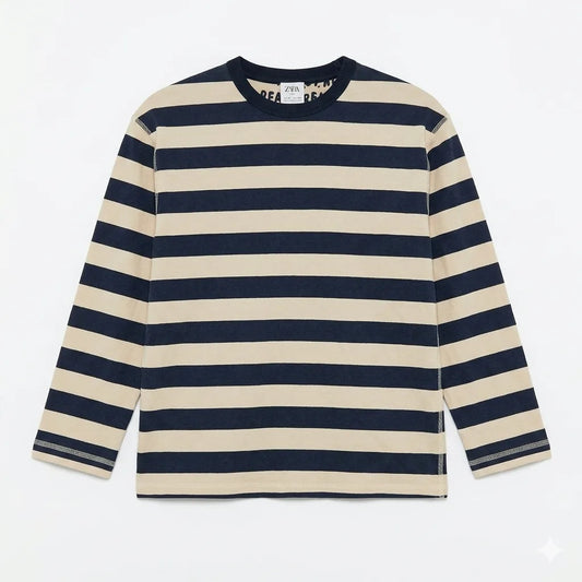 Zara Boy's Navy/Beige Striped Crew Neck Long Sleeve Blouse | Zara In Lebanon