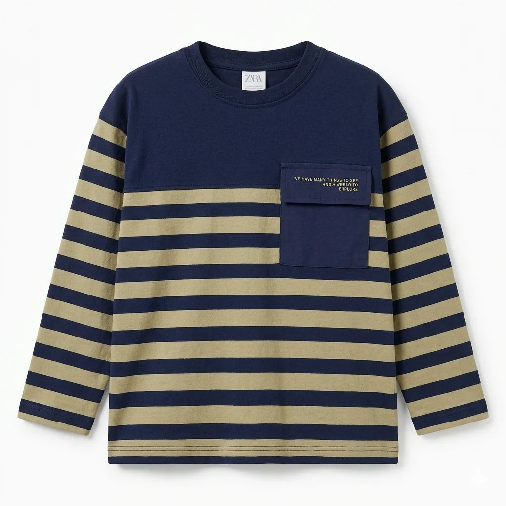 Zara Boy's Navy/Beige Striped With Chest Pocket Long Sleeve Blouse | Zara In Lebanon