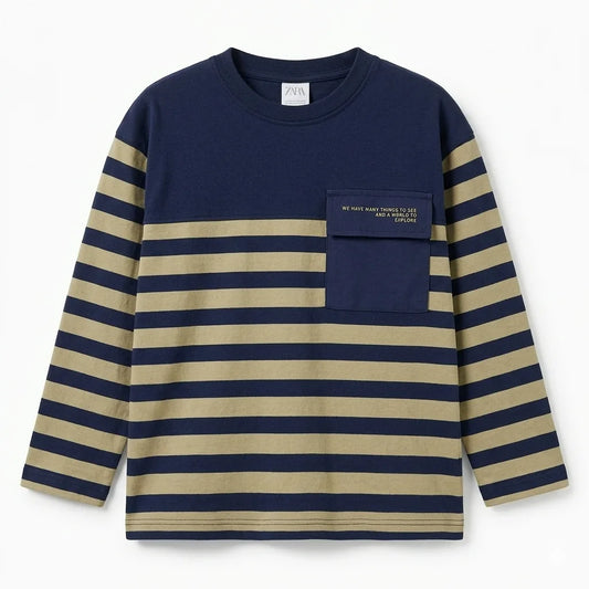 Zara Boy's Navy/Beige Striped With Chest Pocket Long Sleeve Blouse | Zara In Lebanon