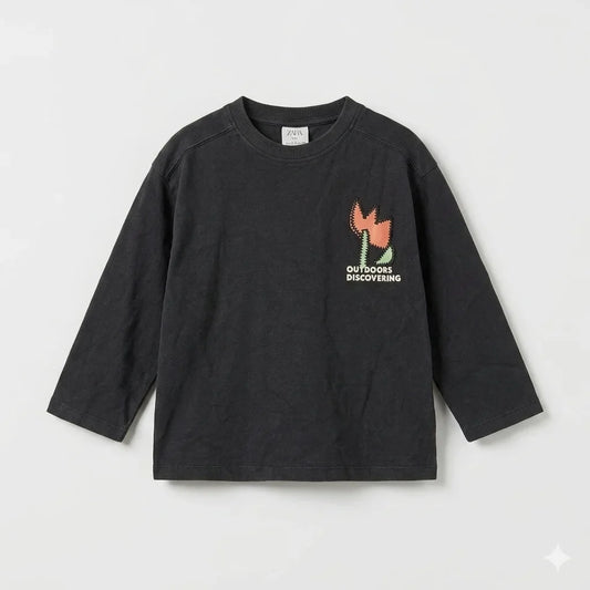 Zara Boy's Dark Grey "Outdoors Discovering" Print Long Sleeve Blouse | Zara In Lebanon