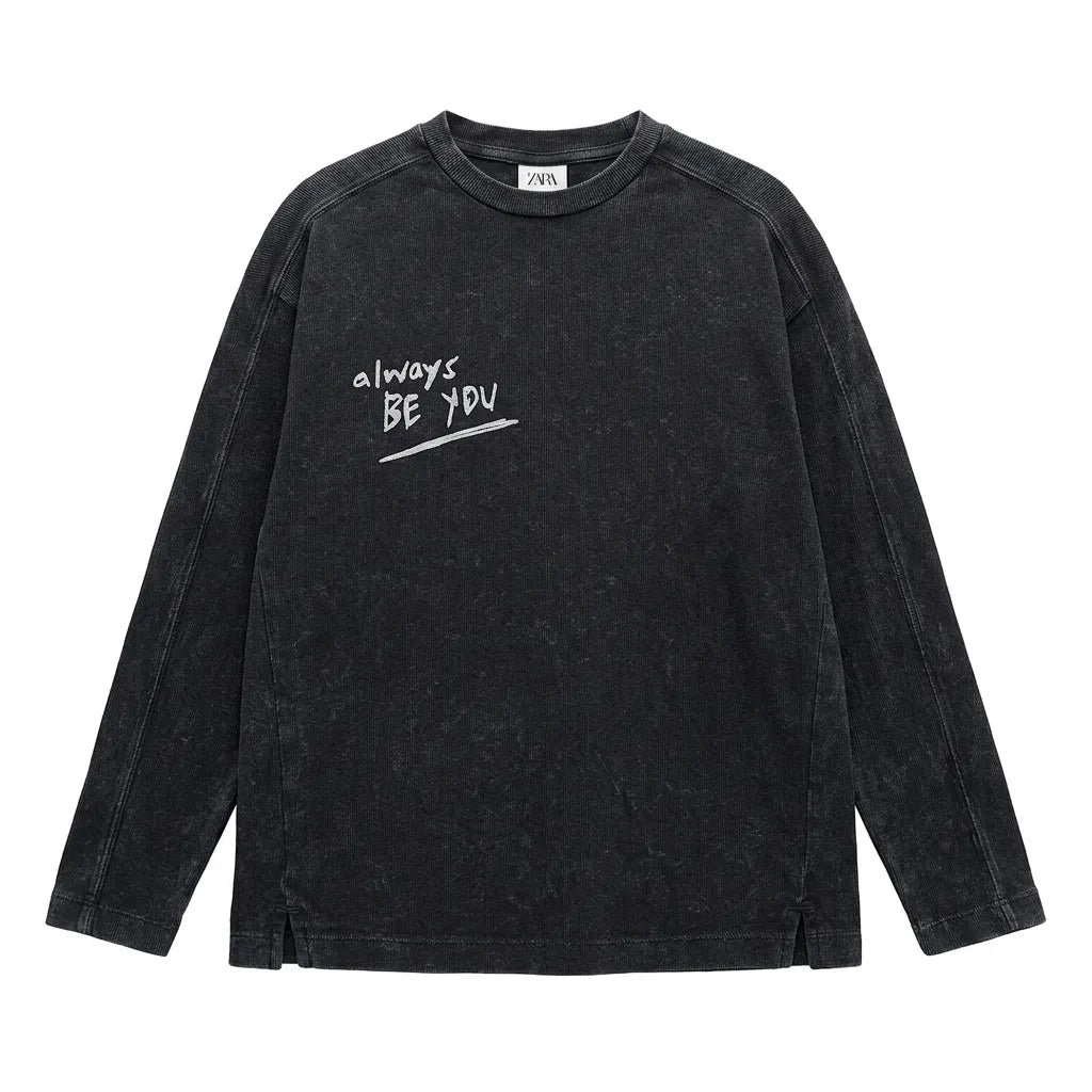 Zara Boy's Washed Navy "Always Be You" Print Long Sleeve Blouse | Zara In Lebanon