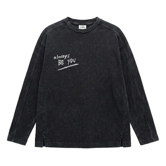 Zara Boy's Washed Navy "Always Be You" Print Long Sleeve Blouse | Zara In Lebanon