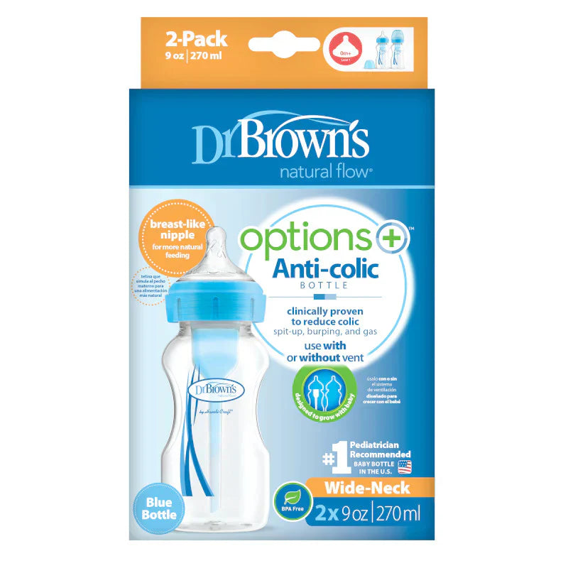 DrBrown's - Anti-colic Op+ - Wide Nech Bottle With Level 1 Teat - 270ML - Twin Pack - Blue