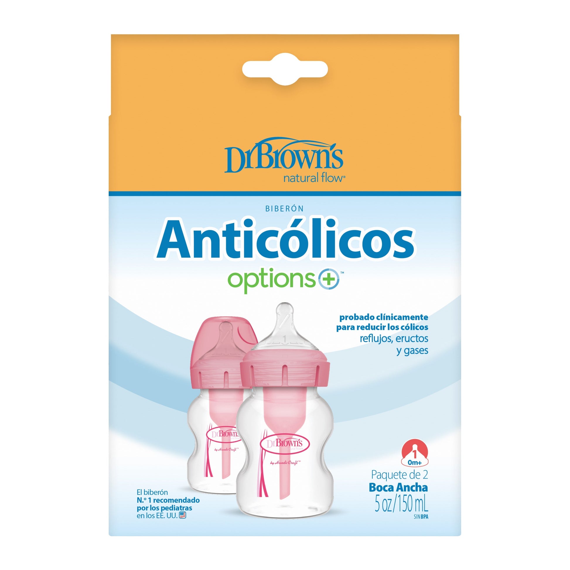 DrBrown's - Op+ Anti-Colic Wide Neck - Baby Bottle - With Level 1 Teat - 150ML - Twin Pack - Pink