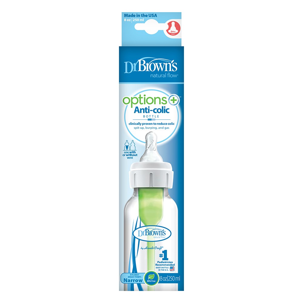 DrBrown's - Anti-Colic Op+ Narrow - Baby Bottle 250ML - Level 1 Slow Flow Nipple - Single