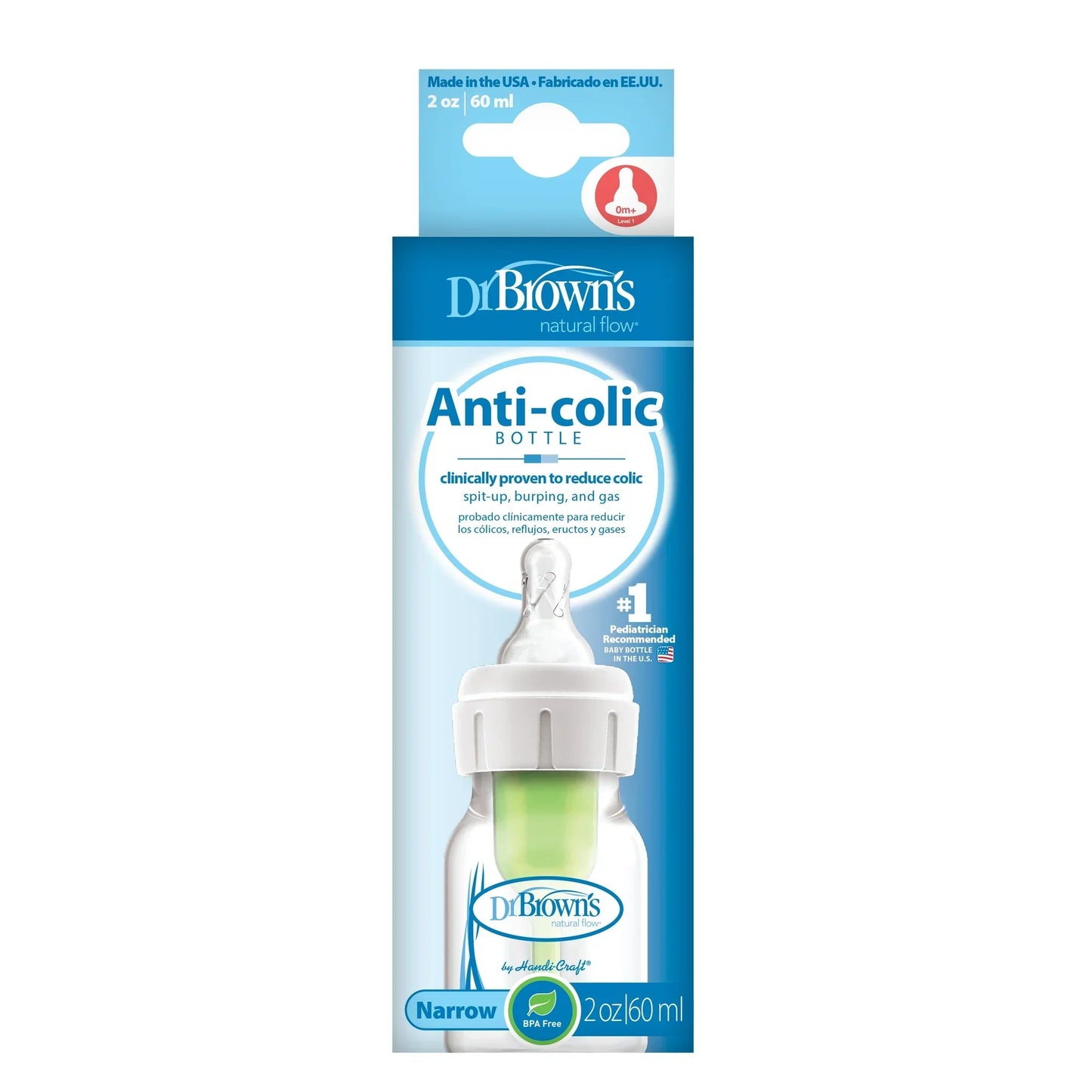 DrBrown's - Anti-Colic Op+ Narrow - Baby Bottle 60ML - With Level 1 Nipple - Slow Flow