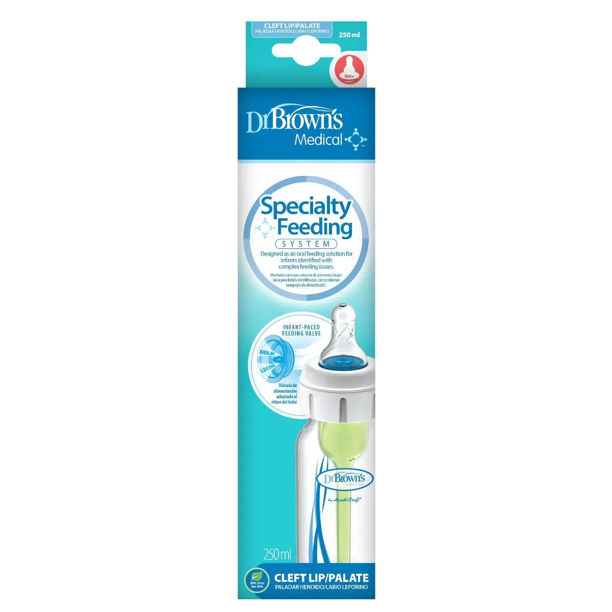 DrBrown's - Anti-Colic Op+ Narrow - Speciality Feeding Bottle - Cleft Palate 250ML - Single Bottle - Nipple Level 1 - Slow Flow