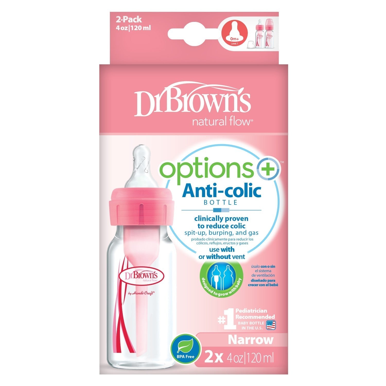 DrBrown's - Anti-Colic Options + Narrow Baby Bottle 120ml - Pink