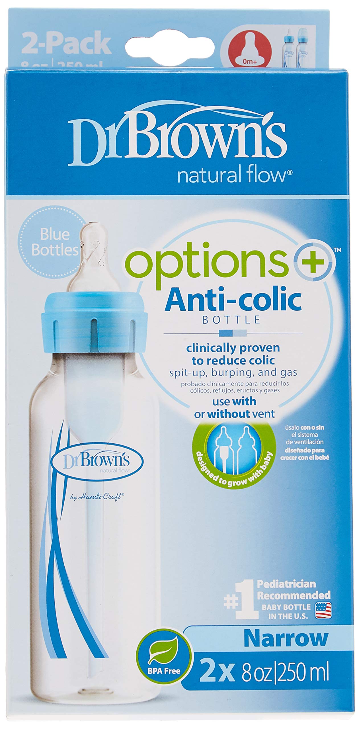 DrBrown's - Anti-Colic Op+ - Narrow Baby Bottle - 250ML - Blue