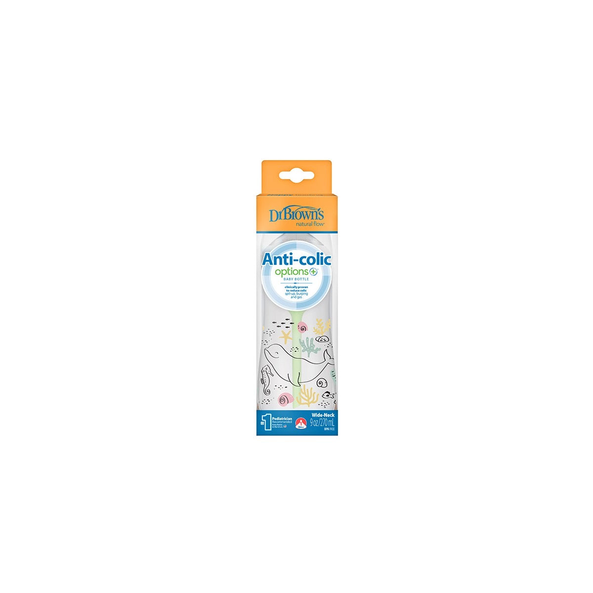 DrBrown's - Anti-Colic Wide Neck - Baby Bottle 270ML - With Level 1 Nipple - Ocean Design
