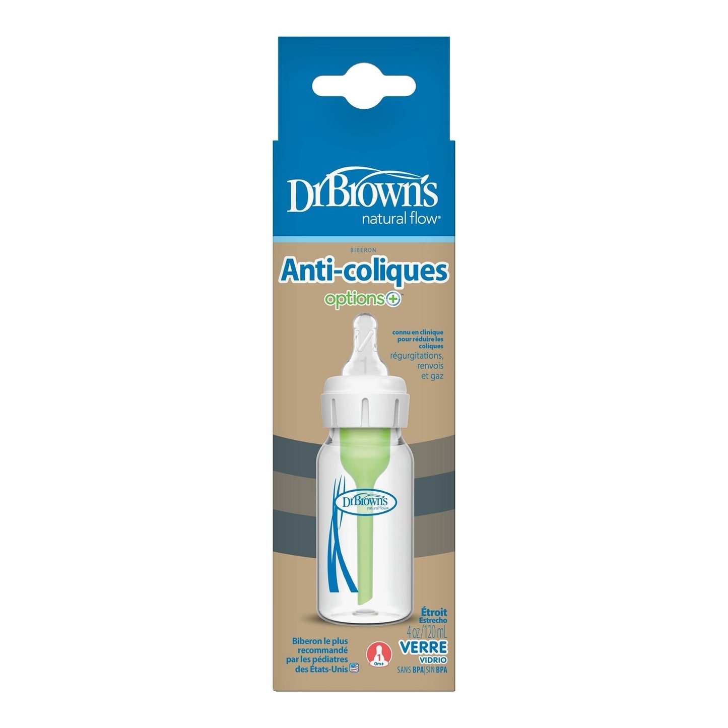 Dr. Brown's - Natural Flow Anti-Colic Options+ Narrow Glass Baby Bottle 120 ML, with Level 1 - Slow Flow Nipple