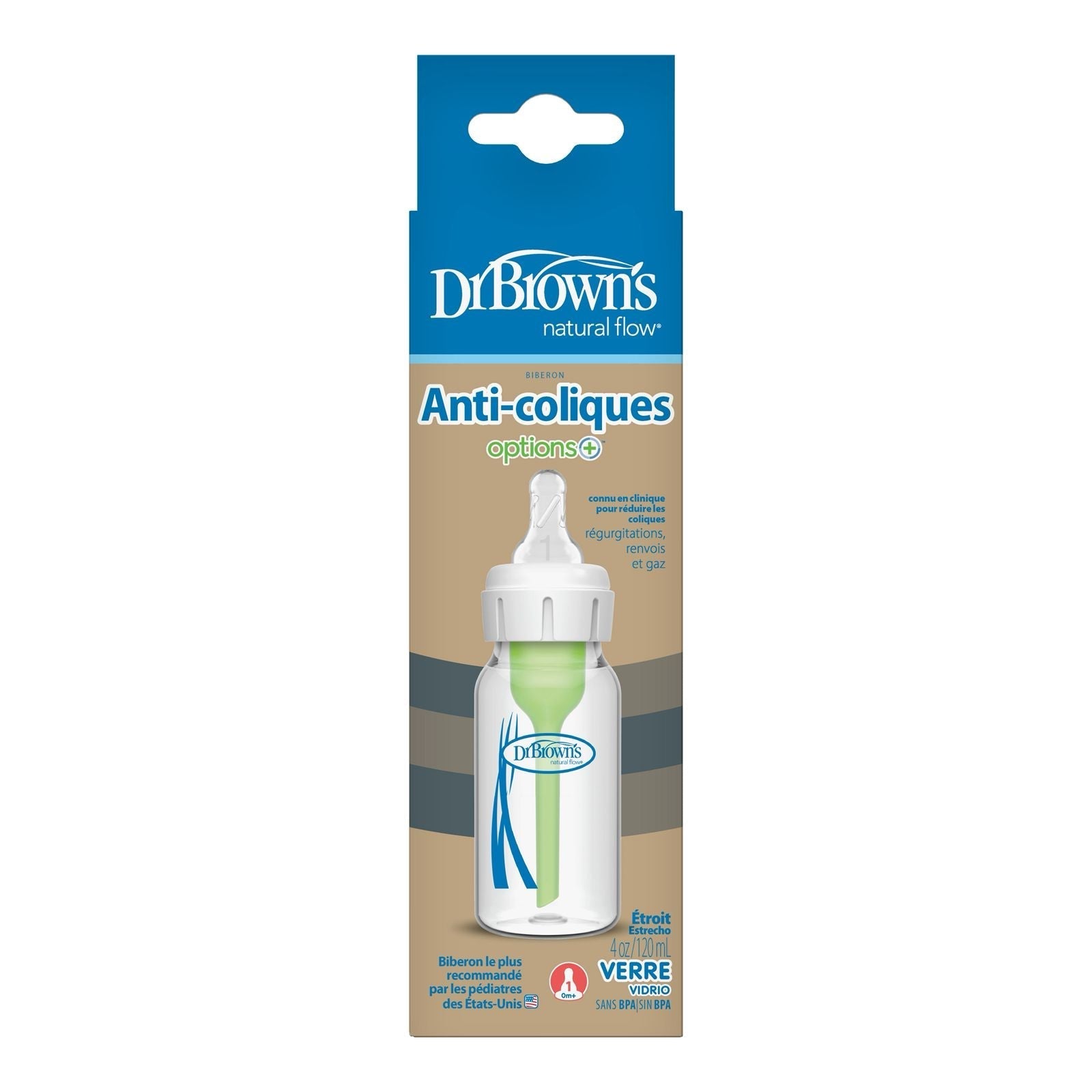 Dr. Brown's - Natural Flow Anti-Colic Options+ Narrow Glass Baby Bottle 120 ML, with Level 1 - Slow Flow Nipple