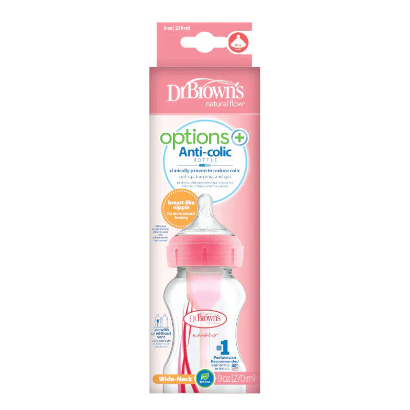 DrBrown's - Op+ Anti-Colic Wide Neck - Baby Bottle With Level 1 Teat - 270ML - Pink