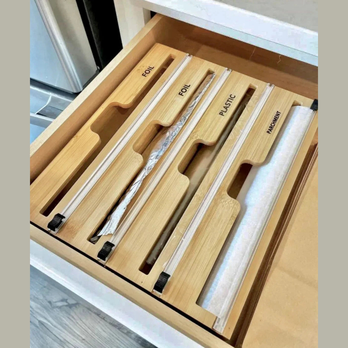 4-in-1 Bamboo Wrap Dispenser with Cutter and Labels