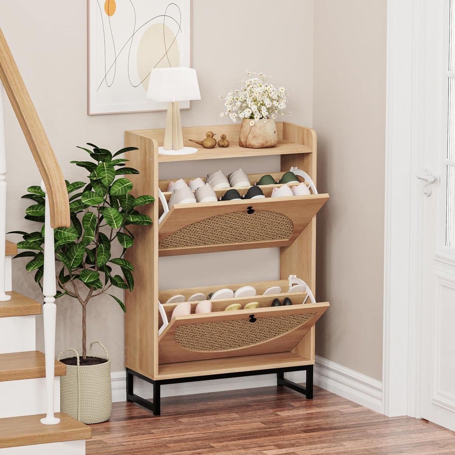 Shoe Cabinet with 2 Handmade Natural Rattan Flip Drawers