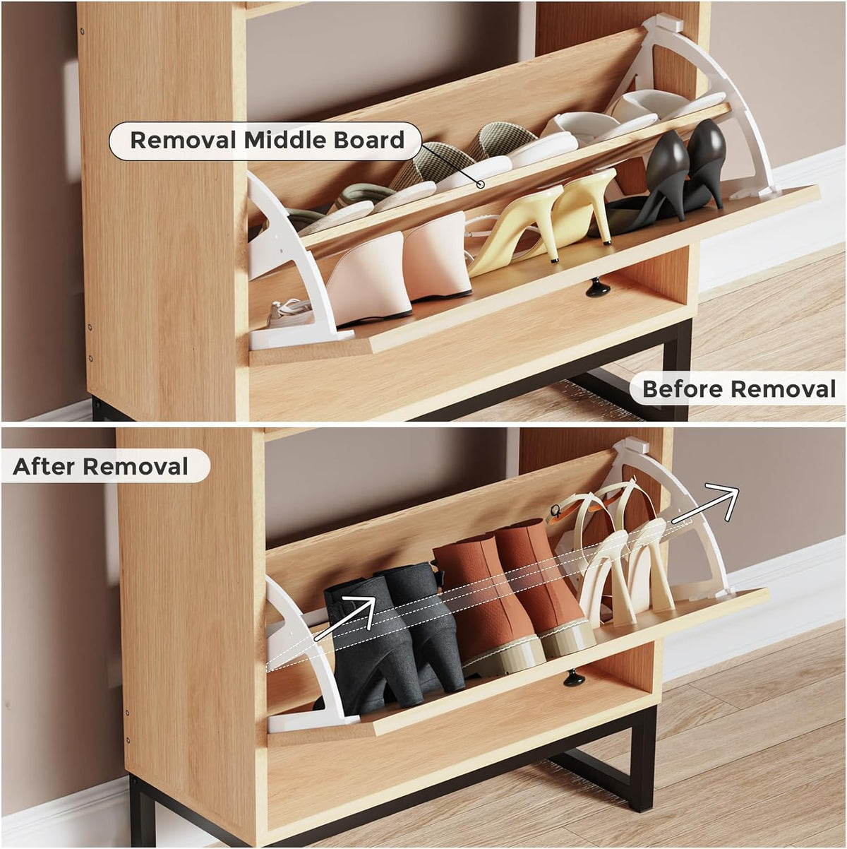 Shoe Cabinet with 2 Handmade Natural Rattan Flip Drawers