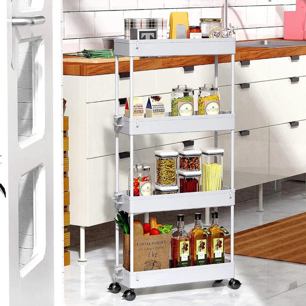 Multifunctional Floor Storage Shelves Rack Organiser with Wheels 4-Layer White - Medaid International
