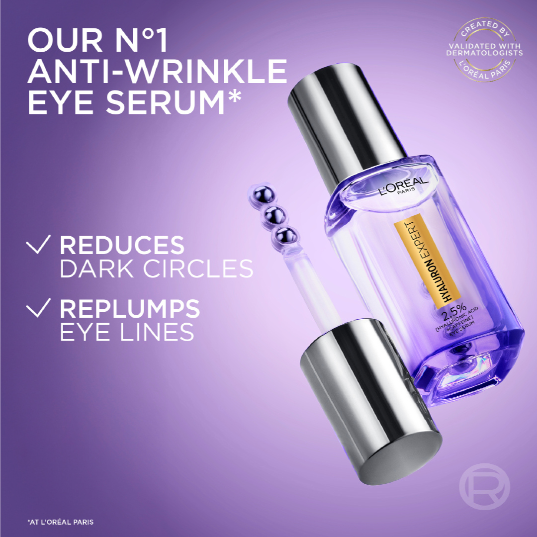L’Oréal Paris, Hyaluron Expert Eye Serum, Targeted Eye Contour Treatment for Hydration and Plump, with Hyaluronic Acid and Caffeine, 20ml