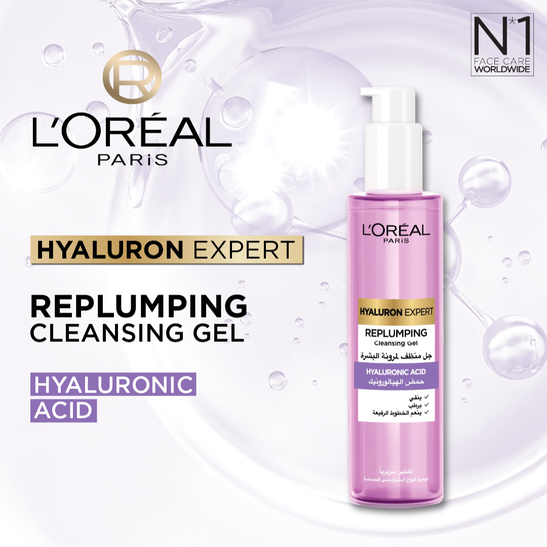 L’Oréal Paris, Hyaluron Expert Replumping Cleansing Gel, with Hyaluronic Acid, to Replump, Purify and Hydrate, for All Skin Types Including Sensitive, 150ml