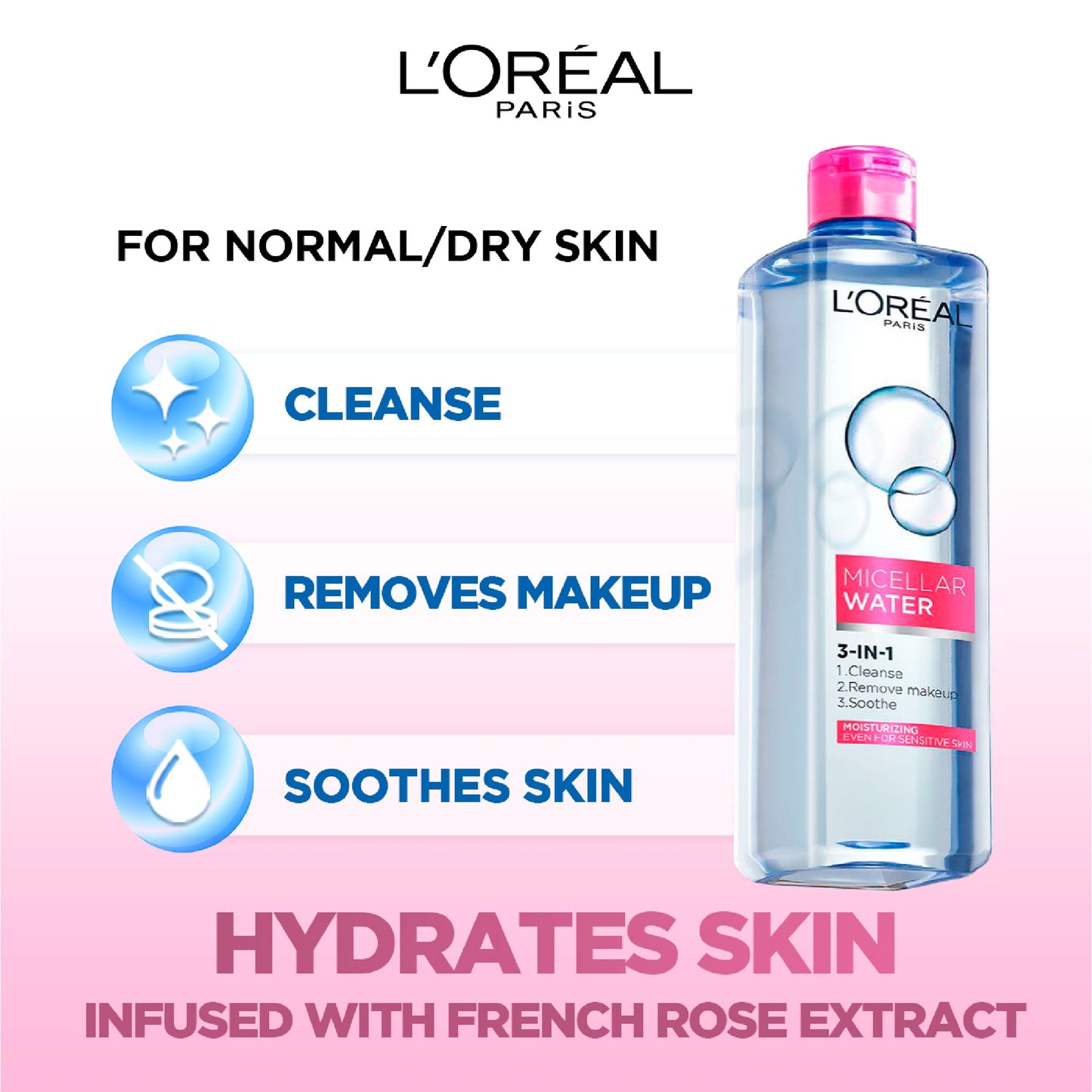 L'Oréal Paris, 3-in-1 Refreshing and Moisturizing Micellar Water, Cleanse, Remove Makeup and Soothe, for Sensitive and Normal to Dry Skin, 400ml