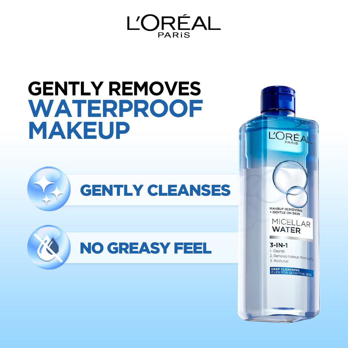 L'Oreal Paris 3-in-1 Deep Cleansing Micellar Water for long wear oil makeup remover 400ML