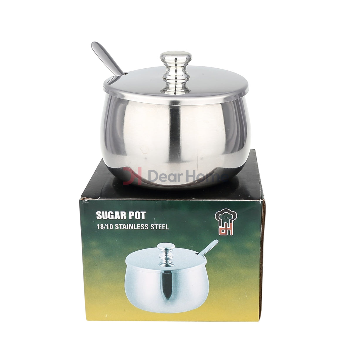 Stainless Medium Sugar Pot With Spoon - connected cover