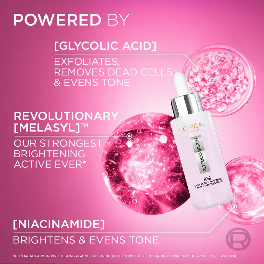 L’Oreal Paris Glycolic Bright Serum with 8% [Melasyl ™ + Glycolic Acid + Niacinamide] face serum for Dark Spots & Brightening 30ml