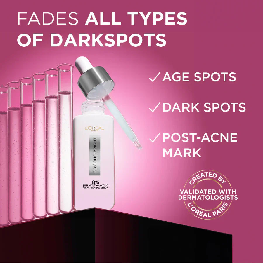 L’Oreal Paris Glycolic Bright Serum with 8% [Melasyl ™ + Glycolic Acid + Niacinamide] face serum for Dark Spots & Brightening 30ml