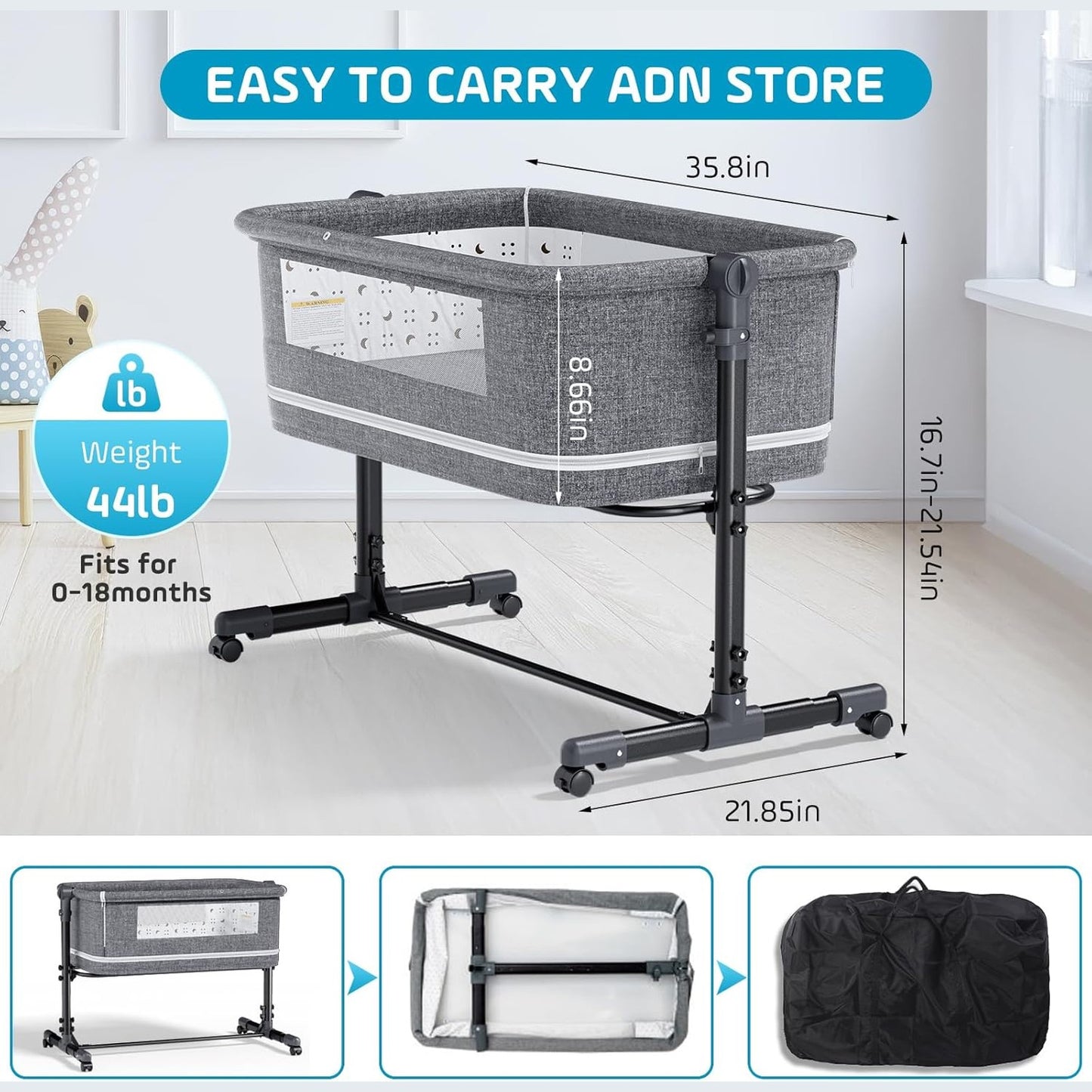 Miila - 3in1 Baby Bedside Sleeper - Park - Adjustable Cot - Grey