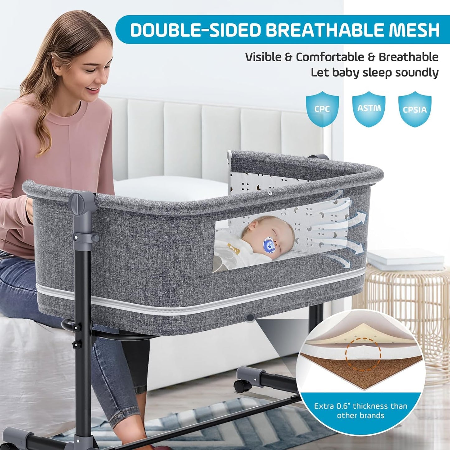 Miila - 3in1 Baby Bedside Sleeper - Park - Adjustable Cot - Grey